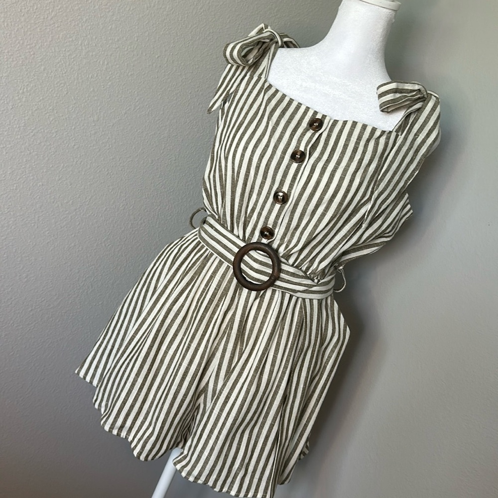 Olive Green Stipe Romper with Matching Belt Size M